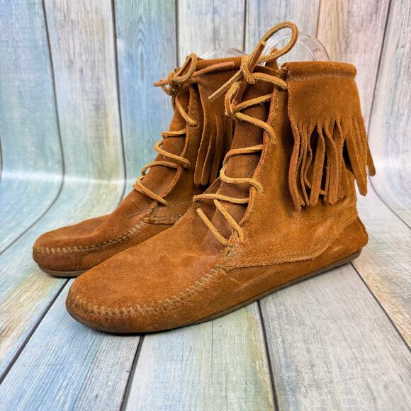 Minnetonka Tramper Ankle Boots Size 7 Leather Suede Lace Up Fringe Vintage Boho - Picture 1 of 8